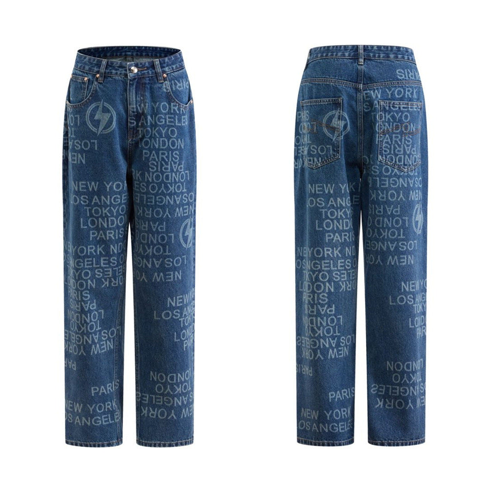 Men's medium-blue wide straight-leg jeans with allover city names and lightning bolt print, front and back view