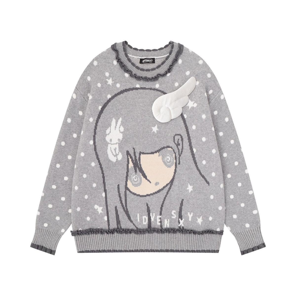 Oversized anime girl jacquard knit sweater in light grey with 3D angel wing appliqué, polka dot pattern, and frilled crew nec