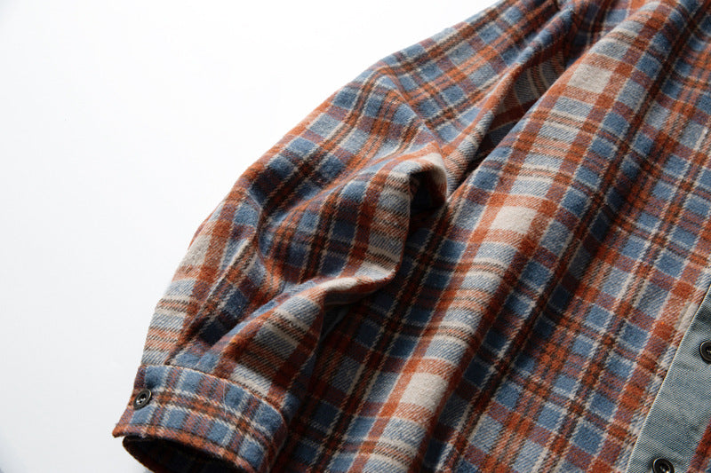 Men's Red Plaid Shirt Oversized Denim-Splice Faux Two-Piece Button-Down