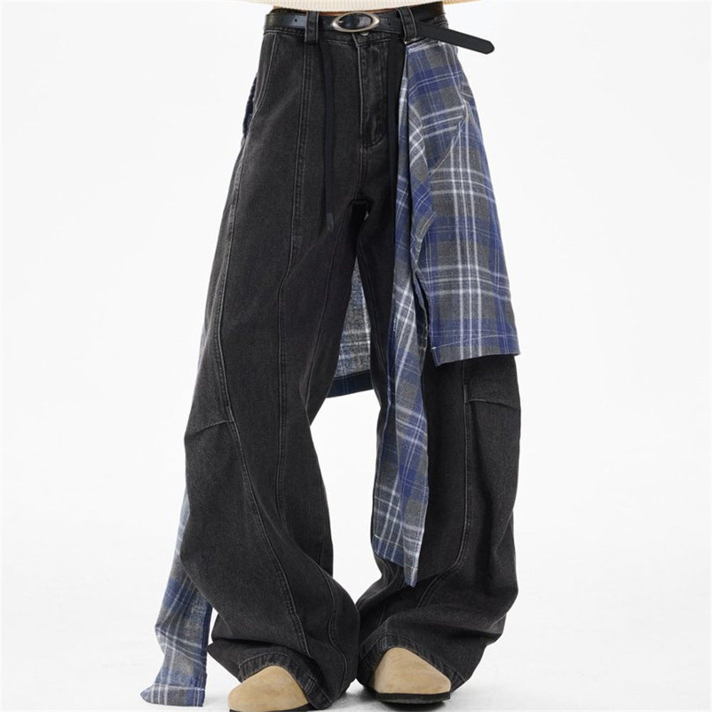 Wide-Leg Jeans with Detachable Plaid Skirt Overlay — Deconstructed Punk