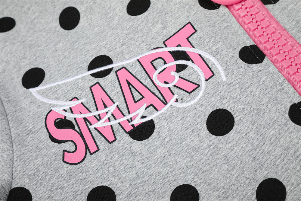 Polka Dot Zip-Up Hoodie with Embroidered Graphic – Cropped Streetwear Sweatshirt