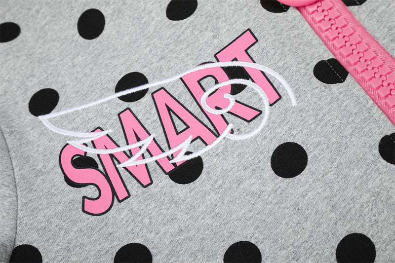 Polka Dot Zip-Up Hoodie with Embroidered Graphic – Cropped Streetwear Sweatshirt