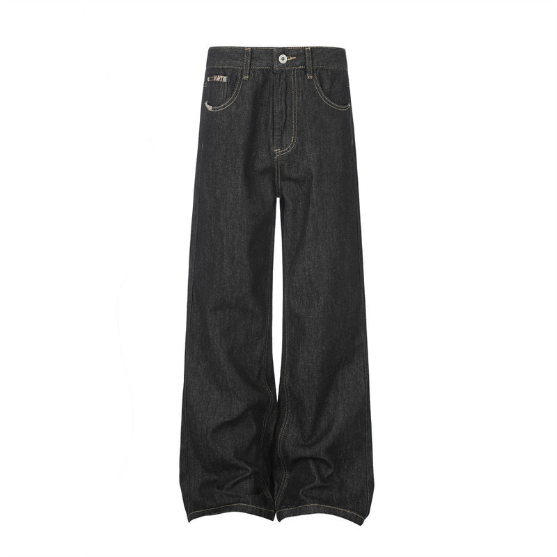 Weite Baggy-Jeans für Herren aus schwarzem Raw-Denim mit kontrastierenden cremefarbenen Nähten und 5-Pocket-Design