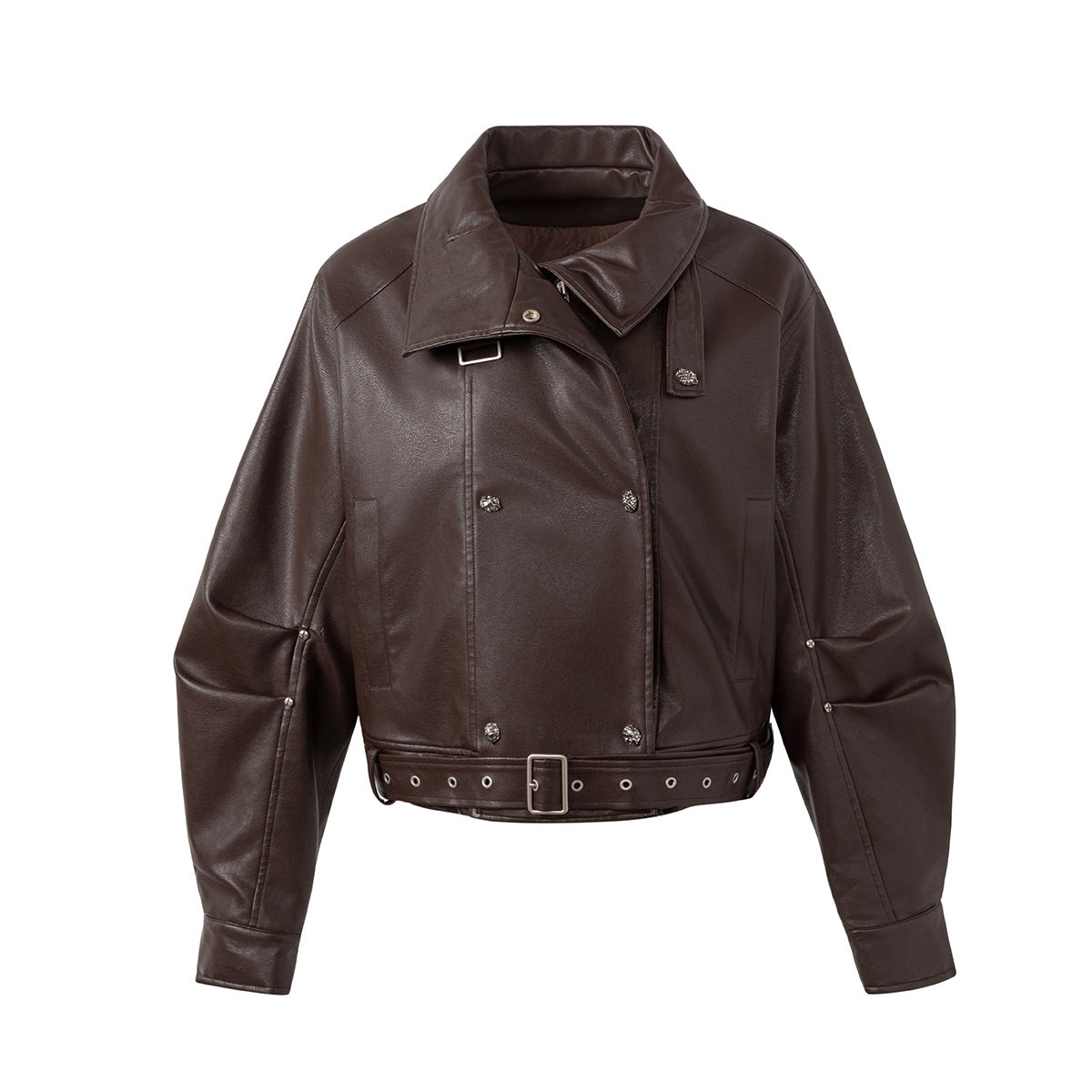 Vintage Double-Breasted Moto Leather Padded Jacket with Belt