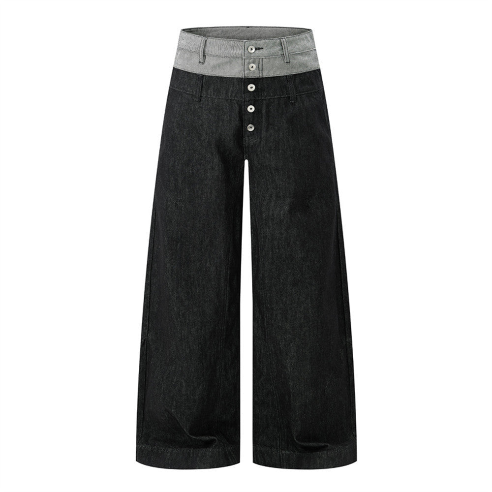 Jean homme en denim noir à jambes larges, ceinture color block grise et braguette boutonnée apparente, vues avant et arrière