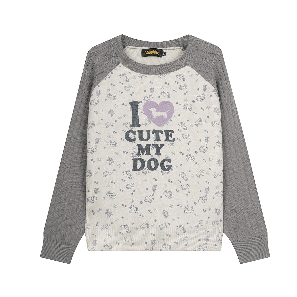 Girls Crew Neck Sweater – Cute Dog Print Raglan Sleeve Knit Top