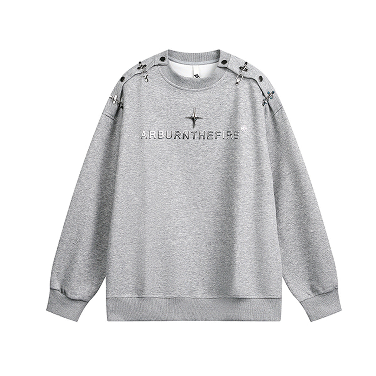 Sweat-shirt punk streetwear oversize à col rond, avec anneau métallique et boutons-pression aux épaules, marquage ARBURNTHEFIRE gaufré sur la poitr