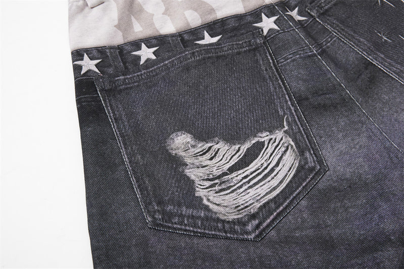 Wide-Leg Distressed Jeans with Faux Double Waistband & Star Detail