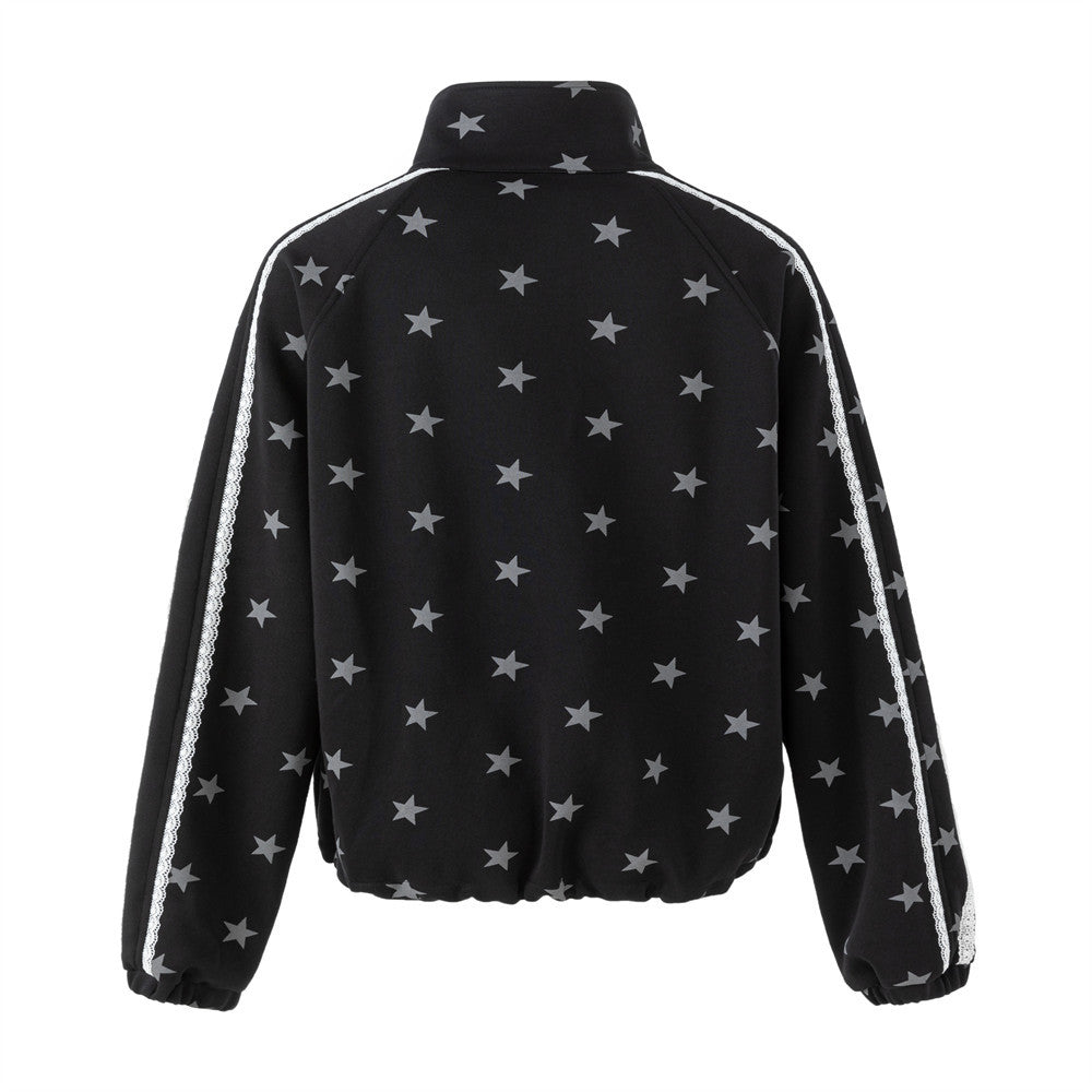 Star Print Zip-Up Track Jacket – Black Allover Star Streetwear Bomber