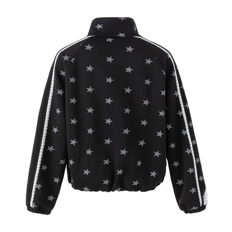 Star Print Zip-Up Track Jacket – Black Allover Star Streetwear Bomber