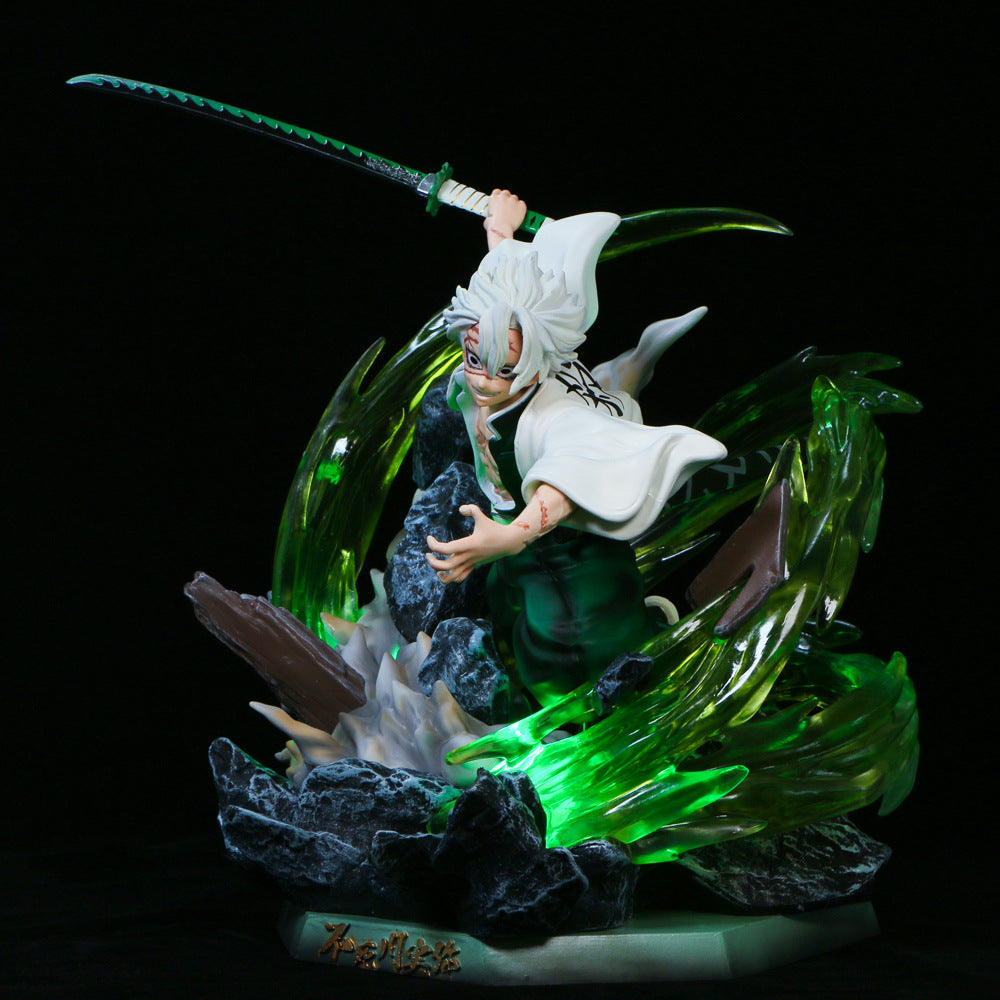 The Premium Demon Slayer Kaze Hashira Sanemi Shinazugawa Figure by Demon Slayer is a 30cm GK model showcasing Sanemi with white hair and a sword raised overhead, surrounded by green translucent energy and rocky elements, enhanced by USB light-up effects against a dark backdrop.