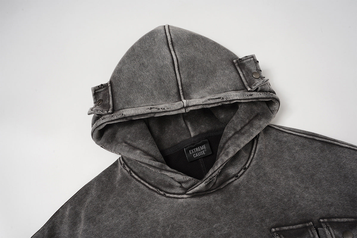 Oversized Acid Wash Hoodie with Cargo Chest Pocket – Heavy Fleece Pullover