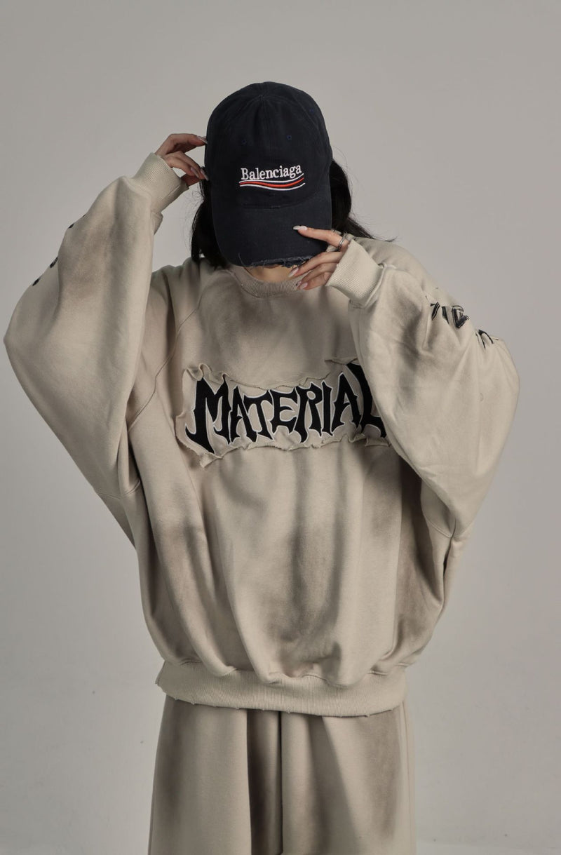 Men's Crew Neck Sweater Washed Distressed 'Material' Graphic Patch Sweatshirt