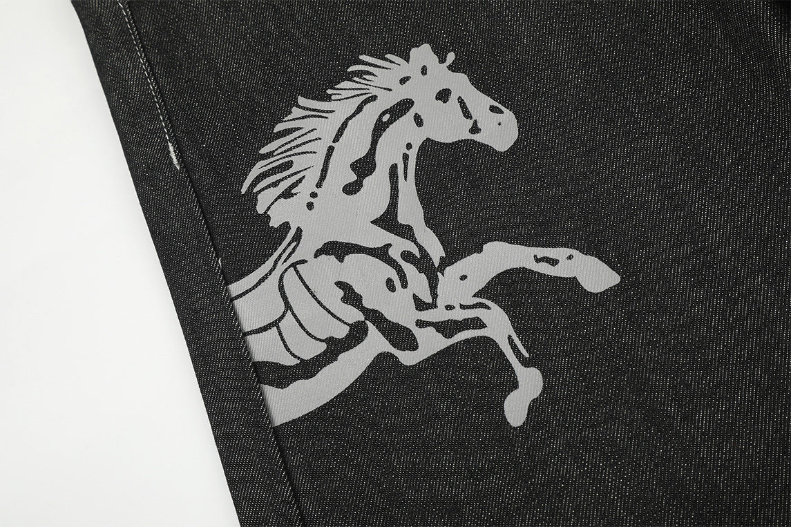 Wide-Leg Baggy Jeans – Skeleton Horse & Sun Embroidery, Dark Wash Black Denim