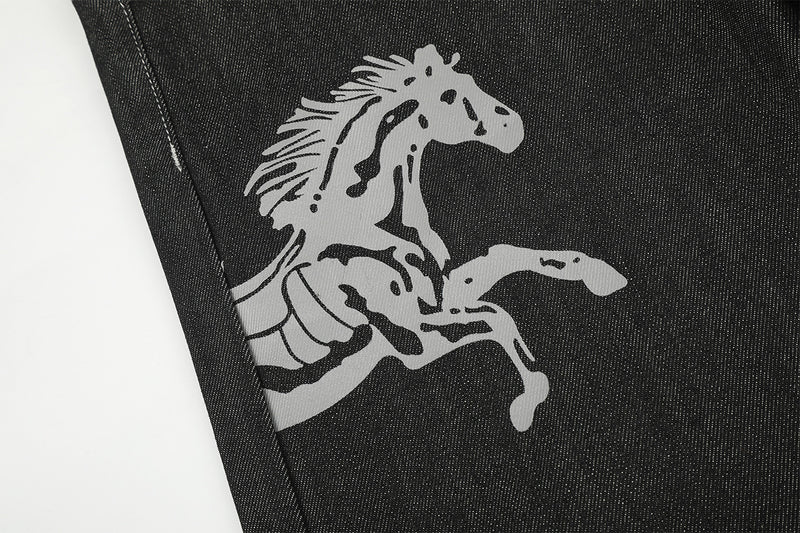 Wide-Leg Baggy Jeans – Skeleton Horse & Sun Embroidery, Dark Wash Black Denim