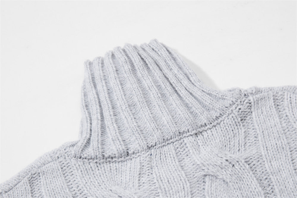 Pull homme en maille torsadée à col montant zippé – Pull oversize à patte boutonnée