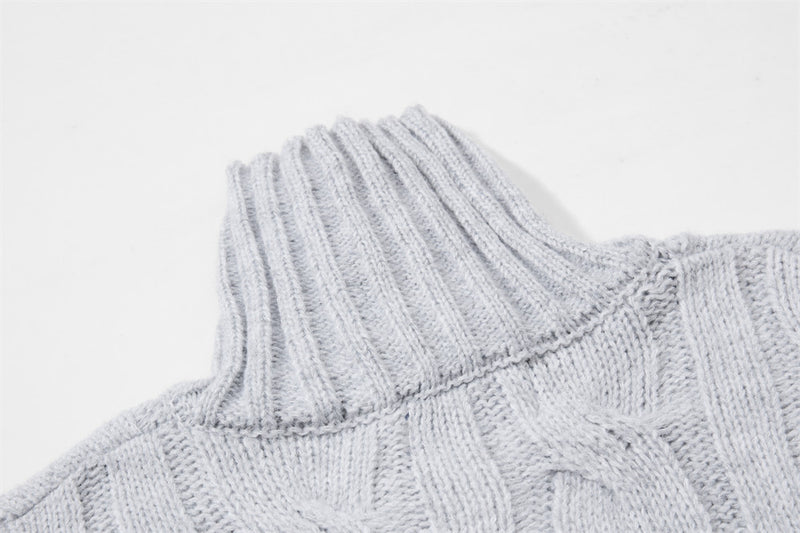 Pull homme en maille torsadée à col montant zippé – Pull oversize à patte boutonnée