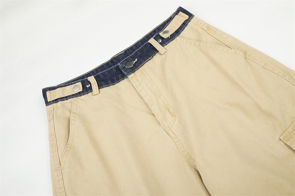 Herren-Cargohose in Khaki mit weitem, geradem Bein und kontrastierendem Denim-Bund