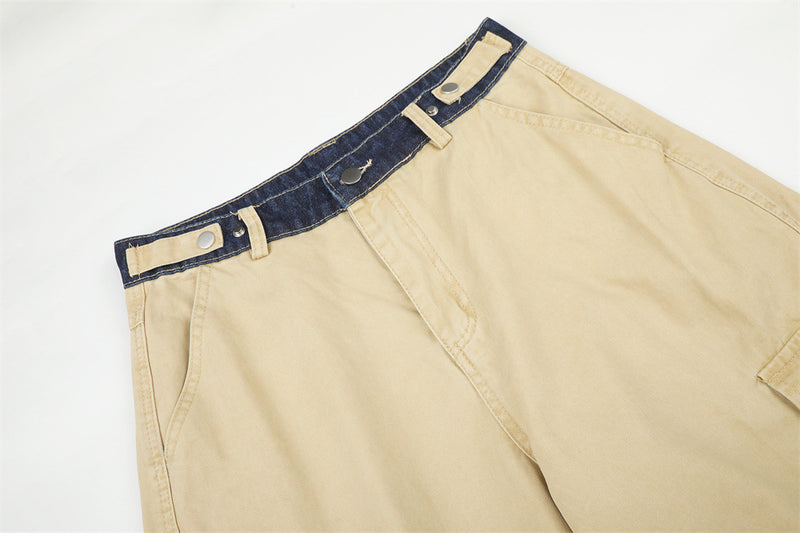 Herren-Cargohose in Khaki mit weitem, geradem Bein und kontrastierendem Denim-Bund