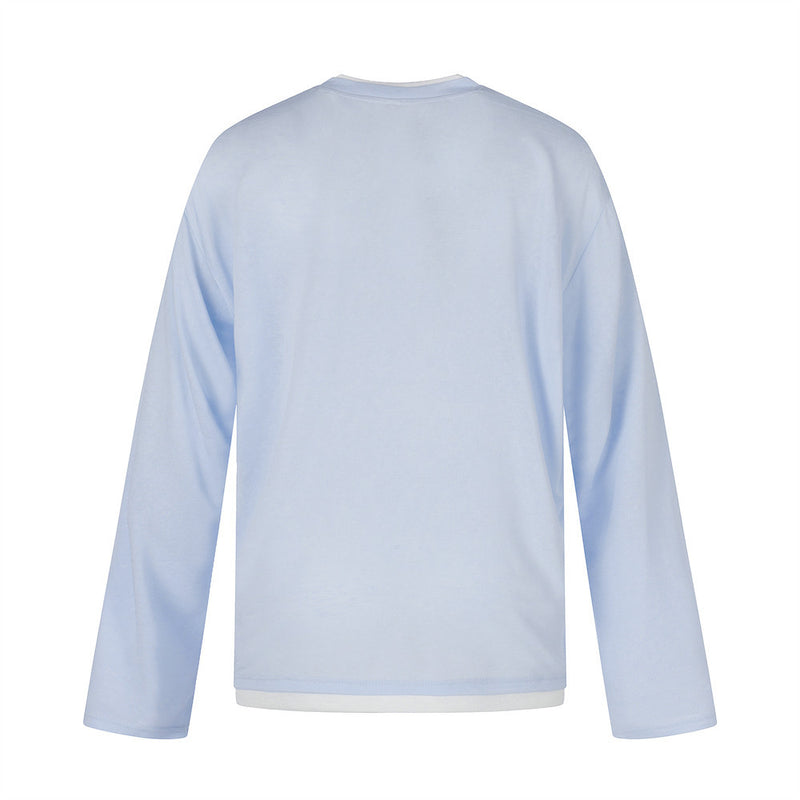 Plain light blue long sleeve tee shown from the back with gray neckline trim