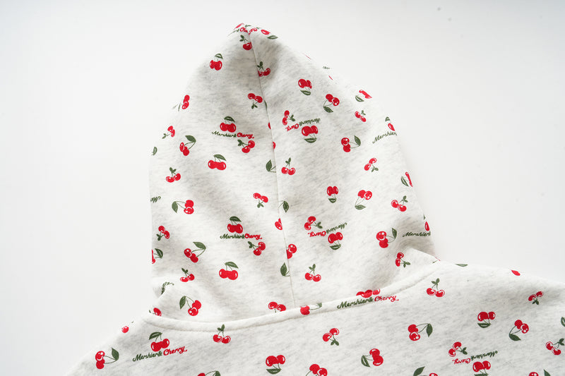 Cherry Print Zip-Up Hoodie & Wide-Leg Sweatpants Set – Heather Grey Floral