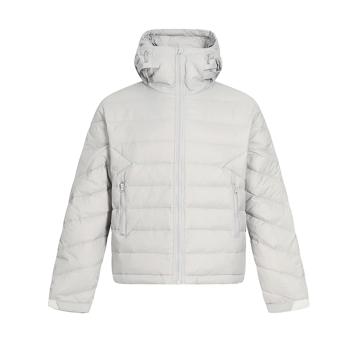 Hooded Puffer Down Jacket – Quilted Winter Coat in Light Gray & Black
