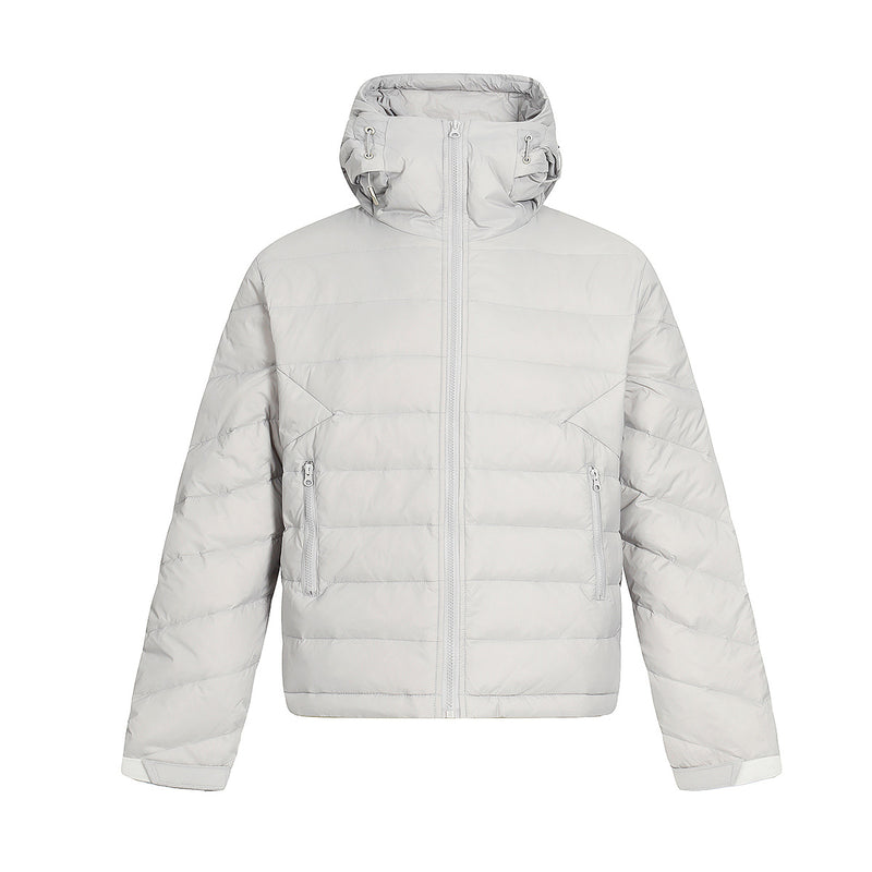 Hooded Puffer Down Jacket – Quilted Winter Coat in Light Gray & Black