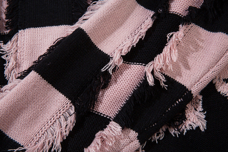 Pull oversize en maille rayée à étoiles délavée – Col rond à franges