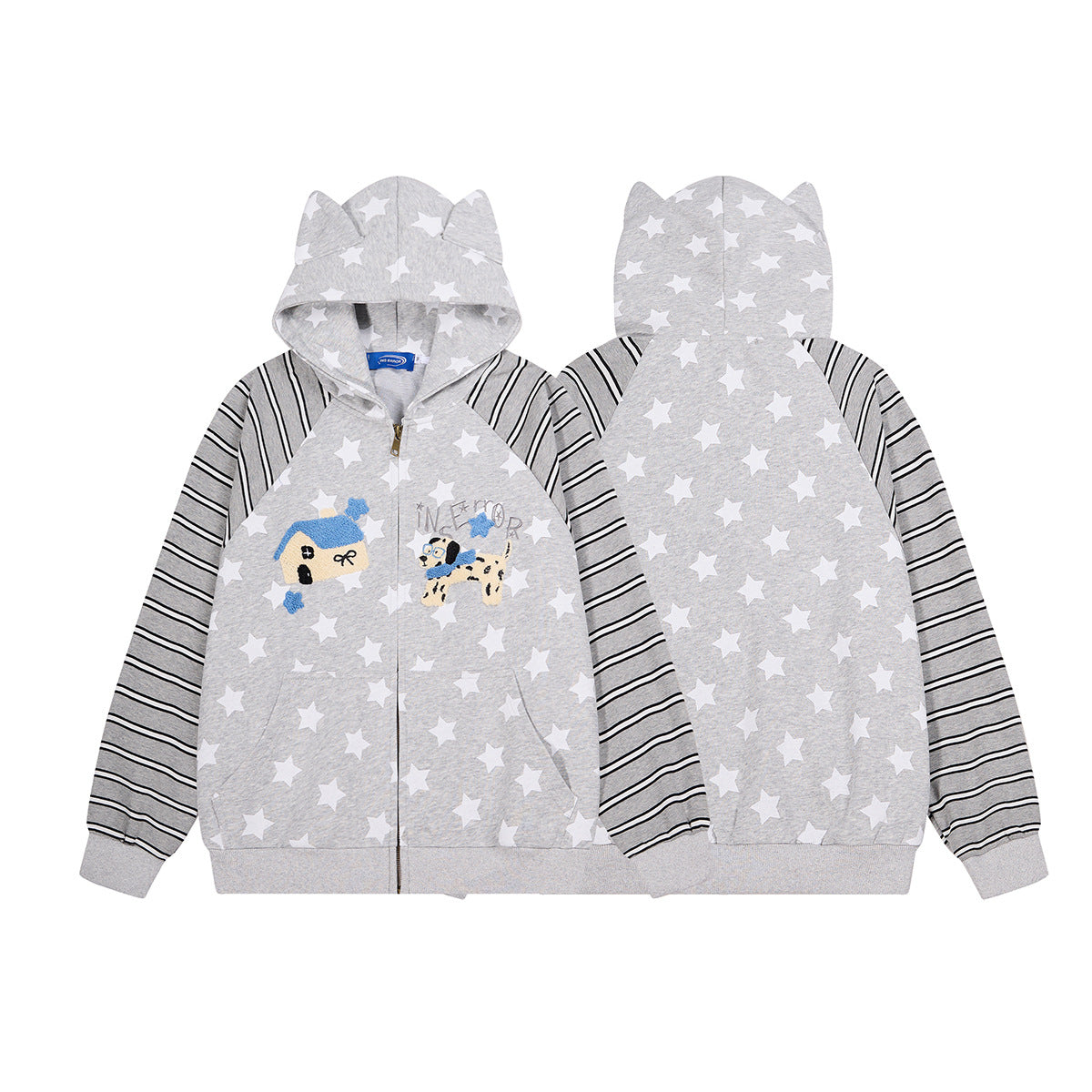 Sweat zippé à oreilles de chat – Corps à imprimé étoiles, manches raglan rayées et broderie