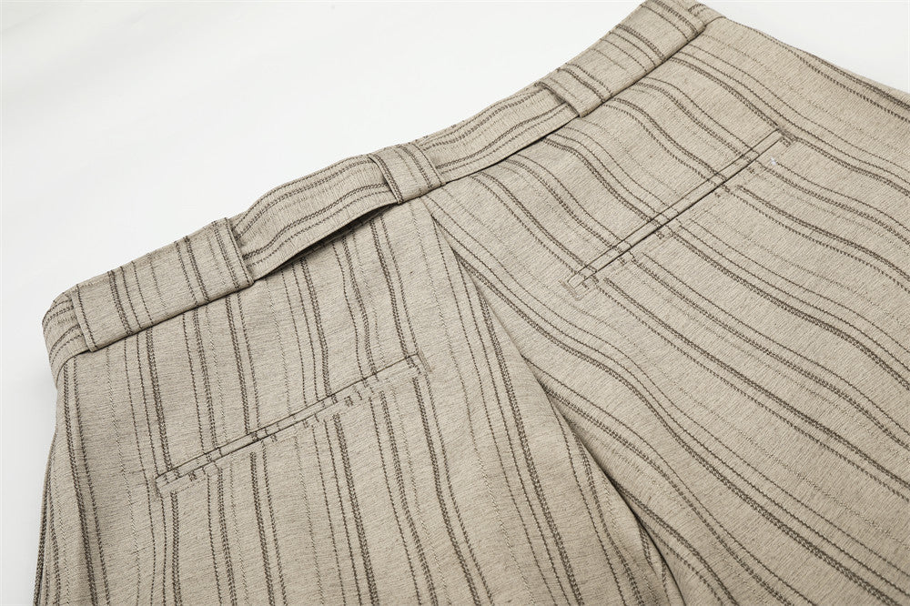 Men's Striped Wide-Leg Trousers with Button Fly and Belt
