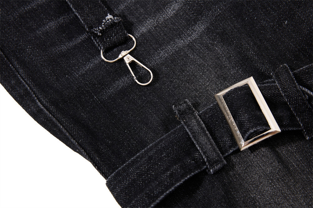 Gothic Buckle Strap Flare Jeans – Men's Washed Black Distressed Denim