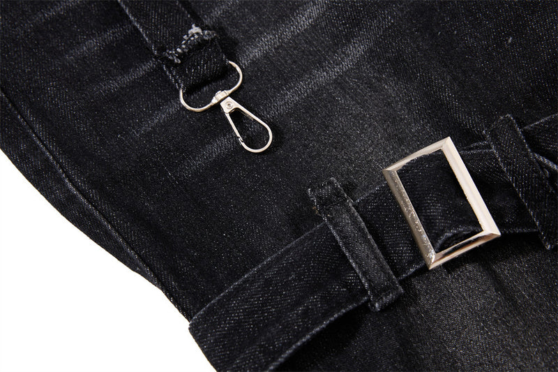 Gothic Buckle Strap Flare Jeans – Men's Washed Black Distressed Denim