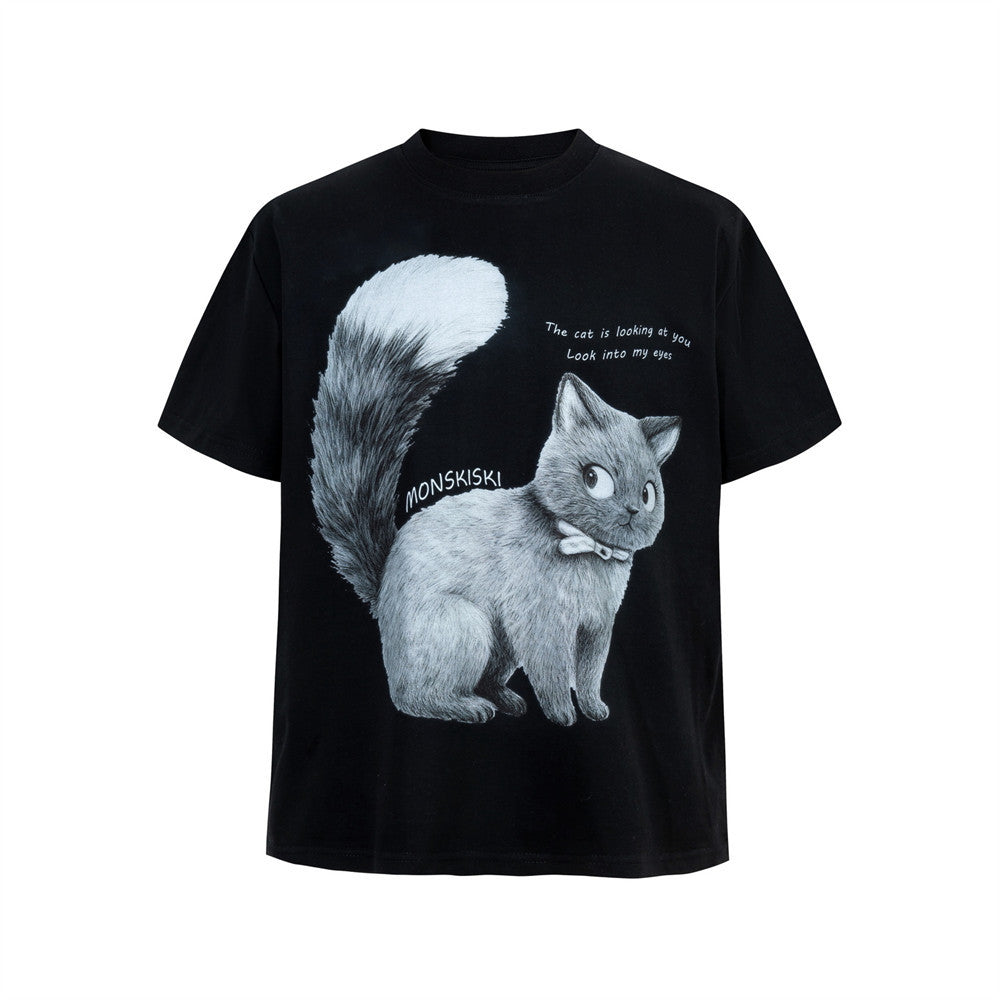 Monskiski cat graphic crew neck T-shirt with large pencil-sketch fluffy cat illustration and handwritten text, shown in black