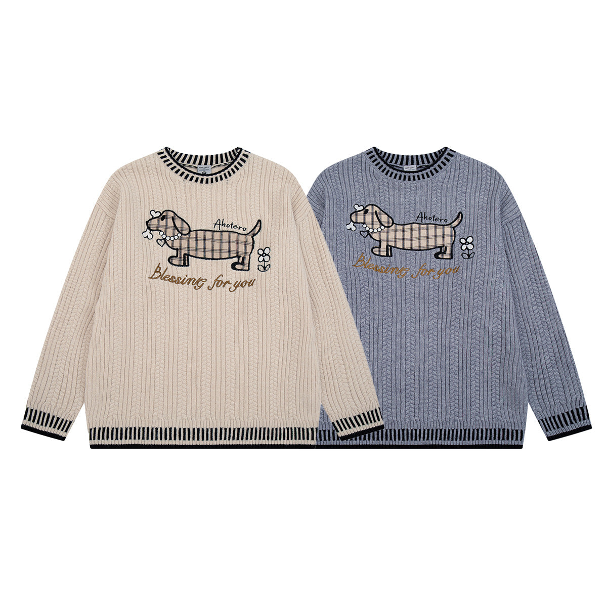 Zopfstrickpullover mit Dackel-Stickerei – Pullover mit Streifenbesatz