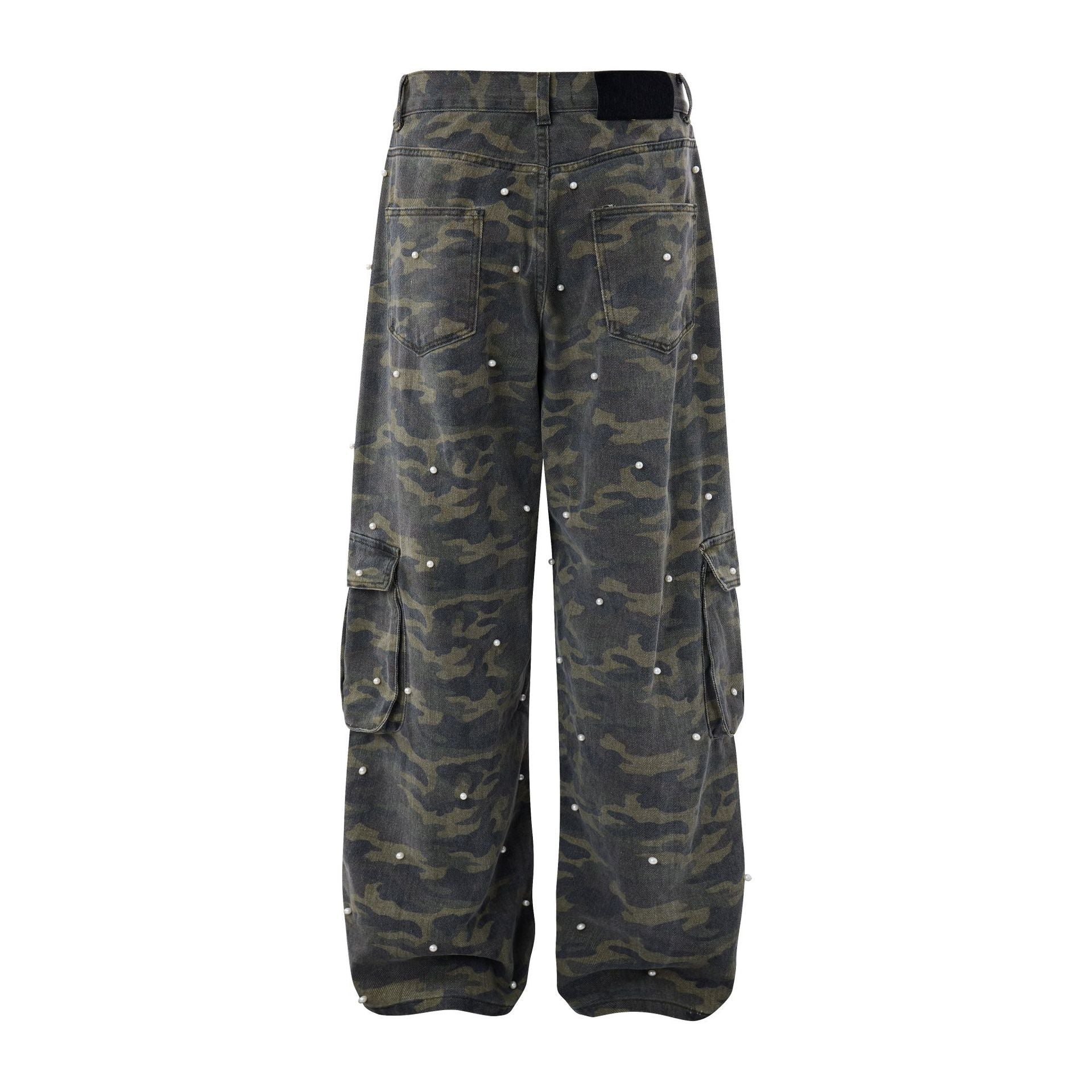 Pantalon cargo droit camouflage à clous perles – Denim à jambes larges