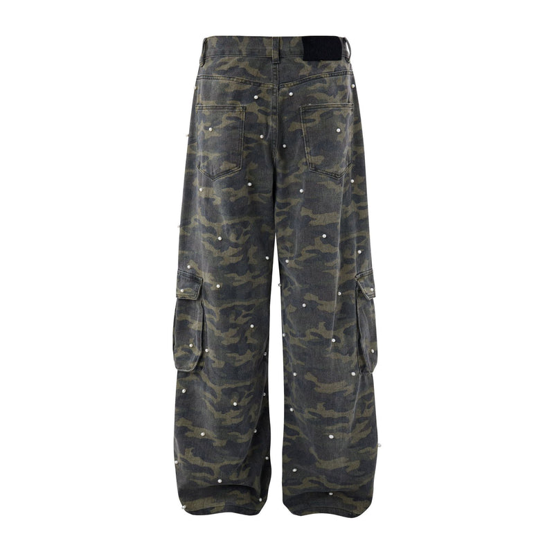 Pantalon cargo droit camouflage à clous perles – Denim à jambes larges