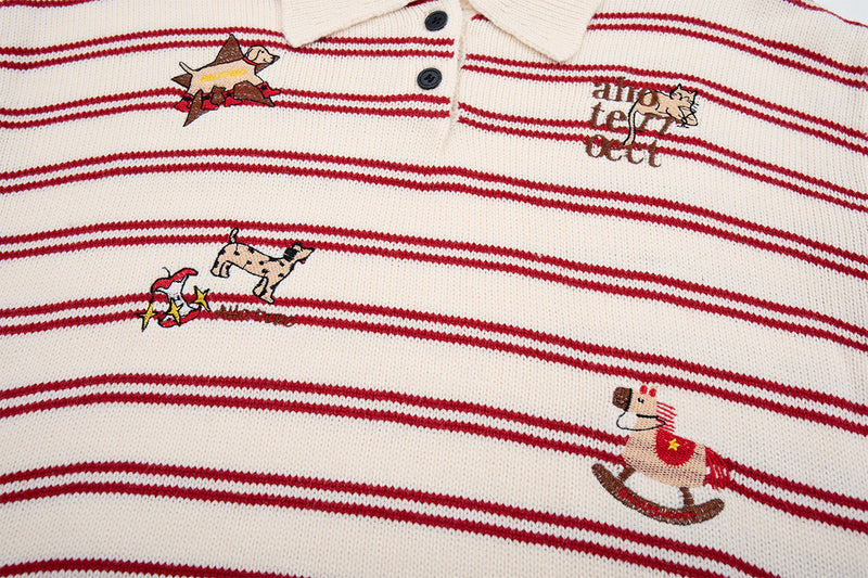 Striped Polo Knit Sweater with Cartoon Embroidery – Relaxed Unisex Pullover