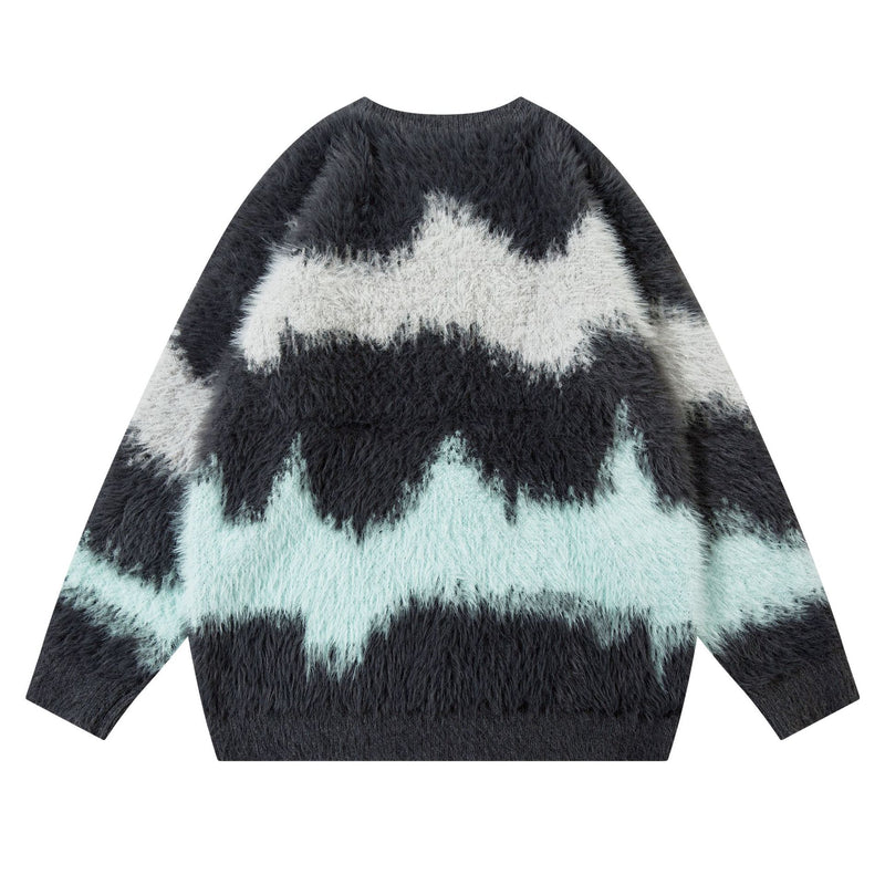 Pull en maille pelucheuse à motif vague abstrait – Modèle oversize