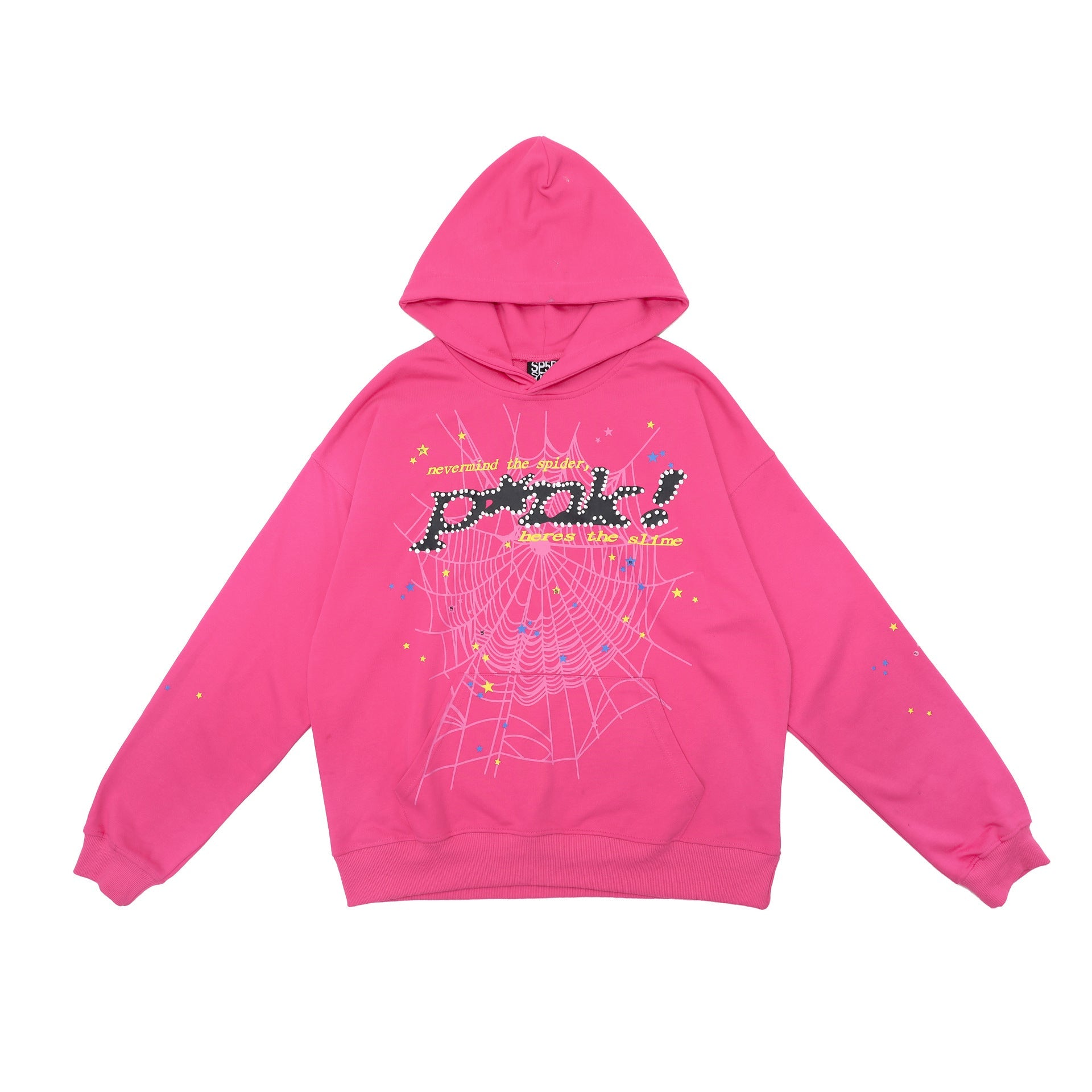 The Sp5der “Punk Slime” Hoodie in hot pink is a 440GSM heavyweight oversized streetwear pullover, featuring bold Y2K-inspired spiderweb graphics and dotted "pink!" lettering with colorful accents.