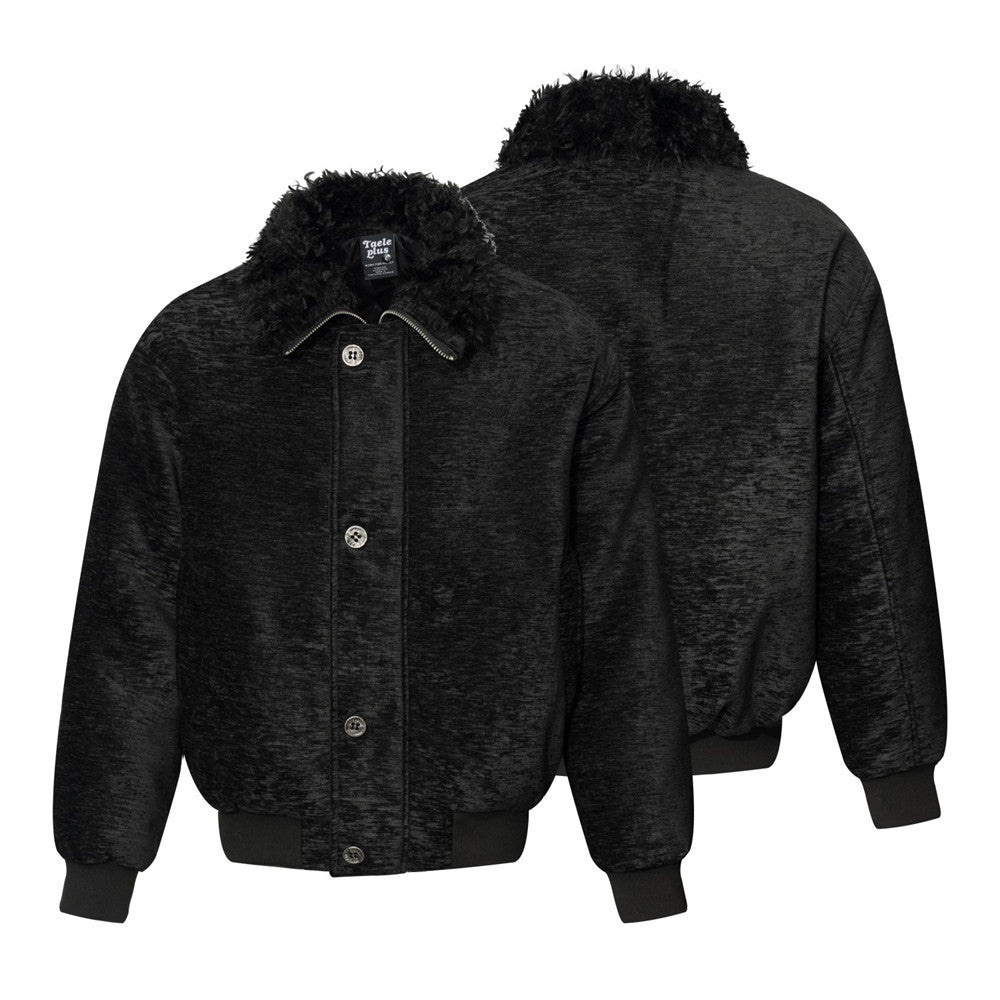 Men's oversized black faux fur collar bomber jacket, front and back view, textured chenille fabric with ribbed cuffs and snap