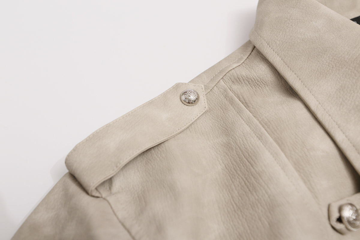 Military-Style Faux Leather Jacket – Punk Band Collar with Decorative Buttons