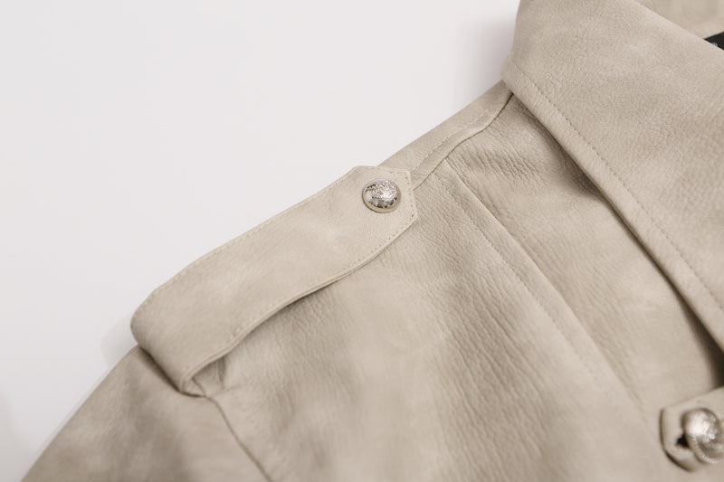 Military-Style Faux Leather Jacket – Punk Band Collar with Decorative Buttons