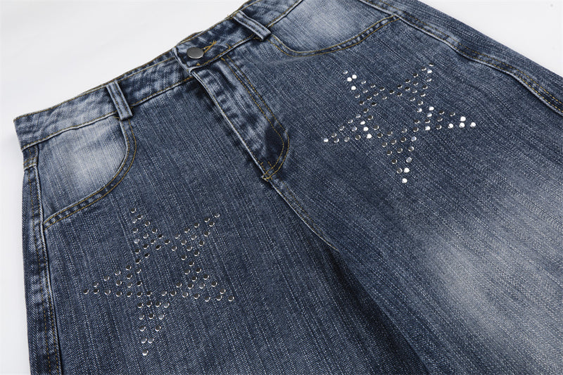 Vintage Washed Wide-Leg Jeans with Star Rhinestone Detail