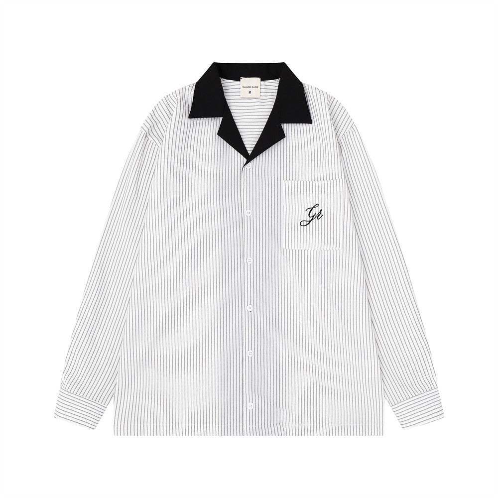 White striped long sleeve shirt with black Cuban collar, front view with chest pocket and script detail