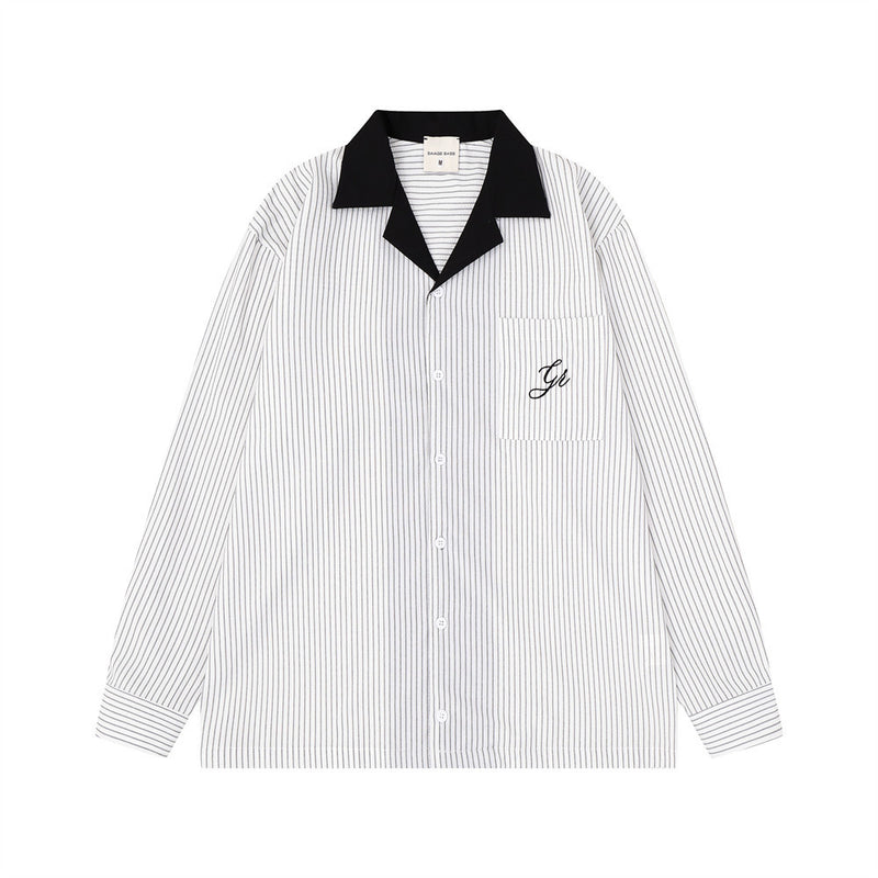 White striped long sleeve shirt with black Cuban collar, front view with chest pocket and script detail