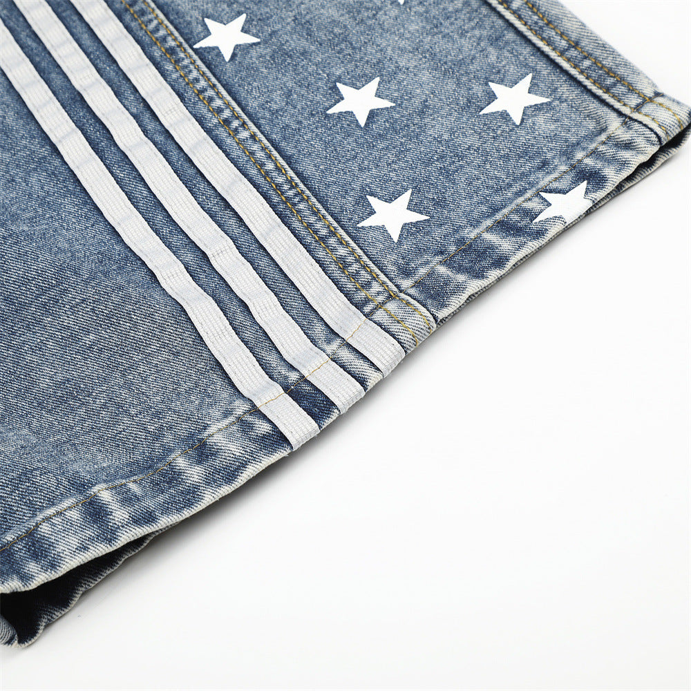 Baggy-Jeans für Herren in Schwarz – Sternprint & Wide-Leg-Denim mit drei Streifen
