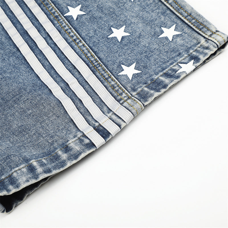 Baggy-Jeans für Herren in Schwarz – Sternprint & Wide-Leg-Denim mit drei Streifen