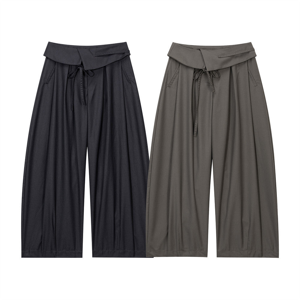 Wide-Leg Pleated Trousers with Fold-Over Waist & Drawstring