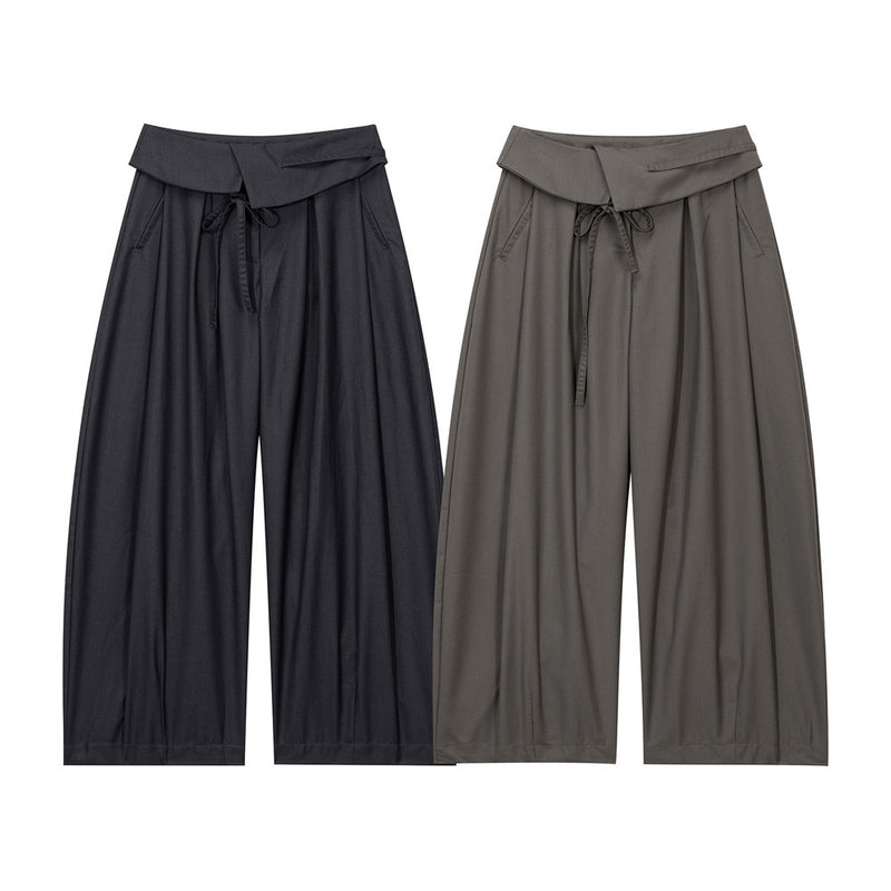Wide-Leg Pleated Trousers with Fold-Over Waist & Drawstring