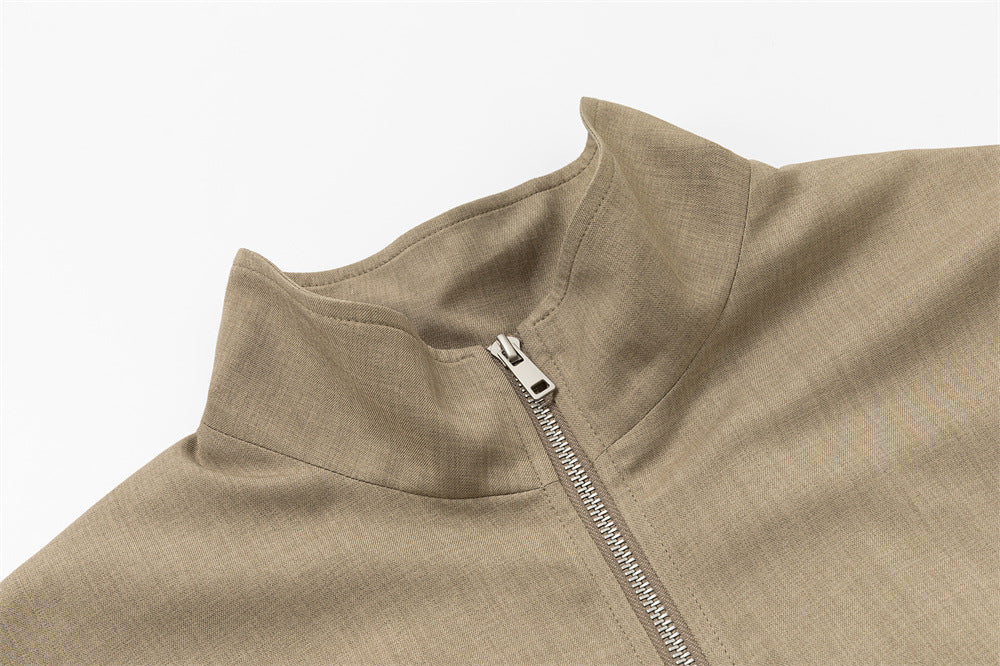 Stand Collar Zip Jacket with Pleated Back & Drawstring Hem — Men's Relaxed Fit